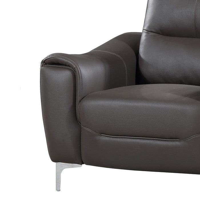 Leatherette Wooden Chair with Curved Padded Arms and Metal Legs, Gray