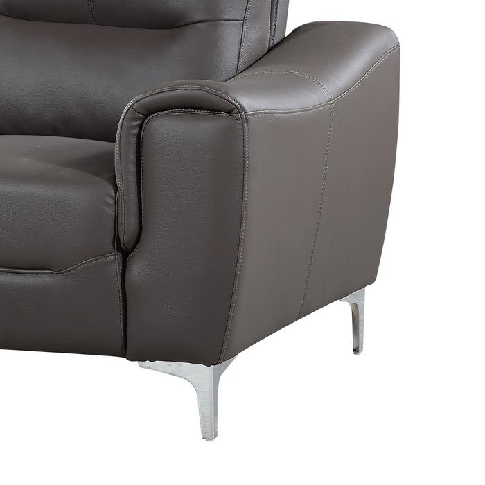 Leatherette Wooden Chair with Curved Padded Arms and Metal Legs, Gray