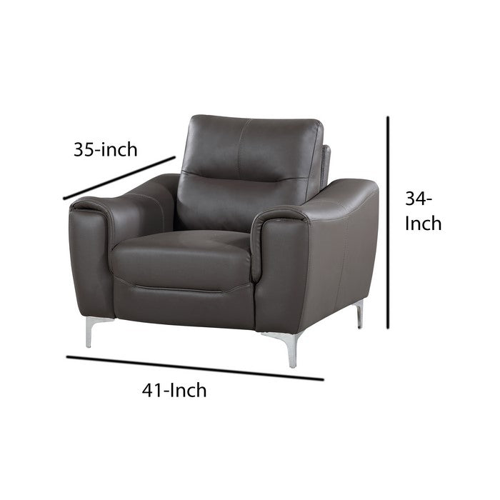 Leatherette Wooden Chair with Curved Padded Arms and Metal Legs, Gray