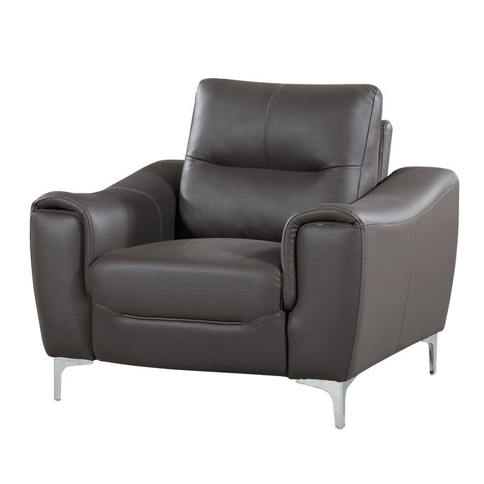 Leatherette Wooden Chair with Curved Padded Arms and Metal Legs, Gray
