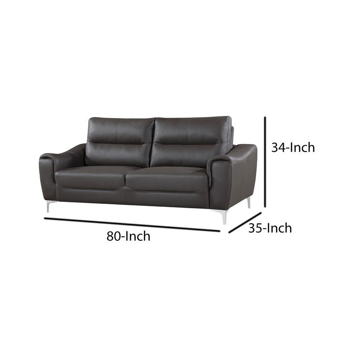 Leatherette Wooden Frame Sofa with Curved Padded Arms and Metal Legs, Gray