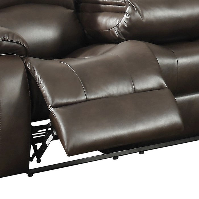 Leatherette Dual Recliner Sofa with Tufted Back and Pillow Arms, Dark Brown