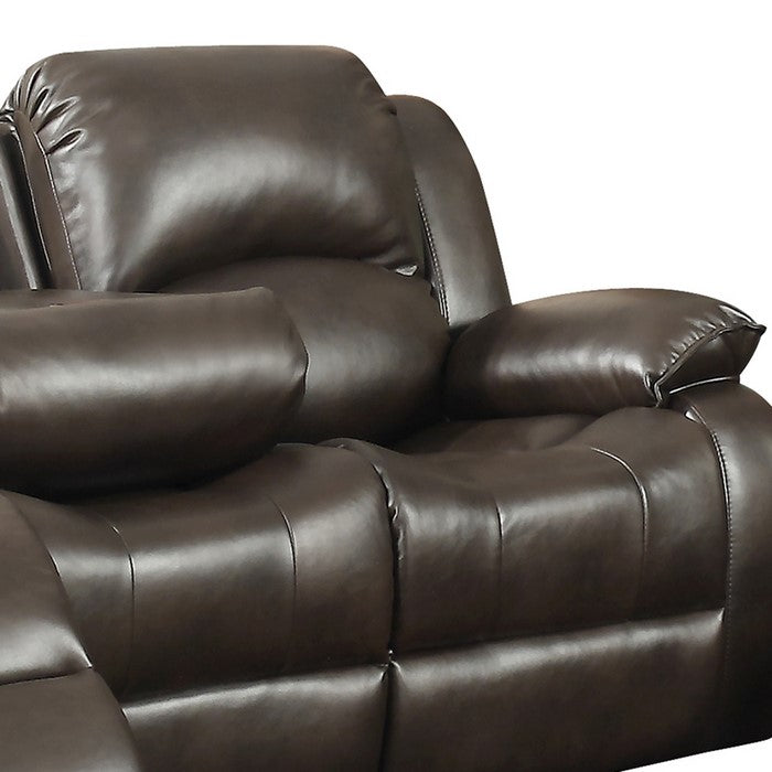 Leatherette Dual Recliner Sofa with Tufted Back and Pillow Arms, Dark Brown