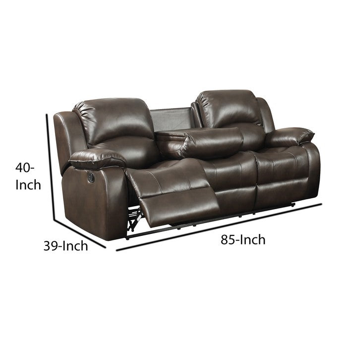 Leatherette Dual Recliner Sofa with Tufted Back and Pillow Arms, Dark Brown