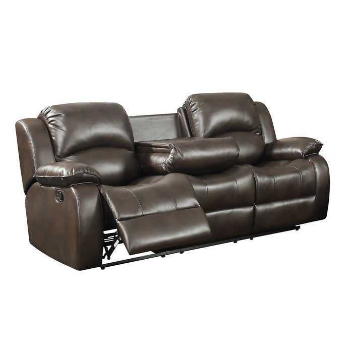 Leatherette Dual Recliner Sofa with Tufted Back and Pillow Arms, Dark Brown