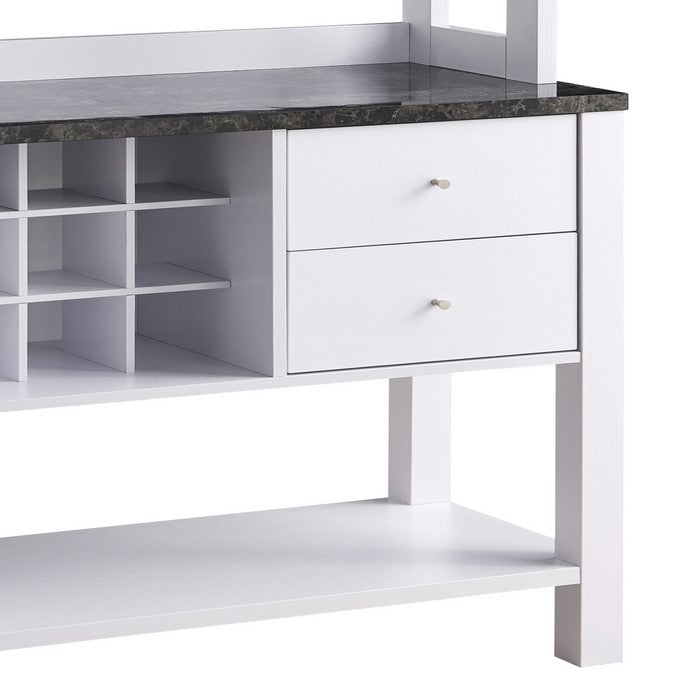 Wooden Frame Bakers Cabinet with 2 Drawers and Wine Rack, White