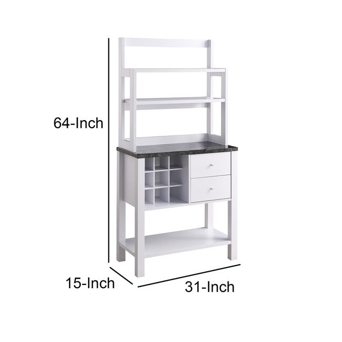 Wooden Frame Bakers Cabinet with 2 Drawers and Wine Rack, White
