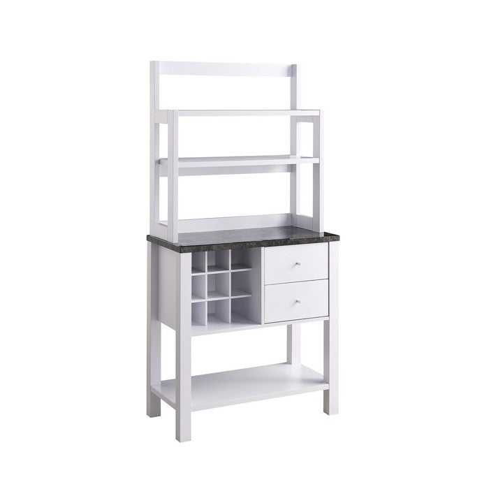 Wooden Frame Bakers Cabinet with 2 Drawers and Wine Rack, White
