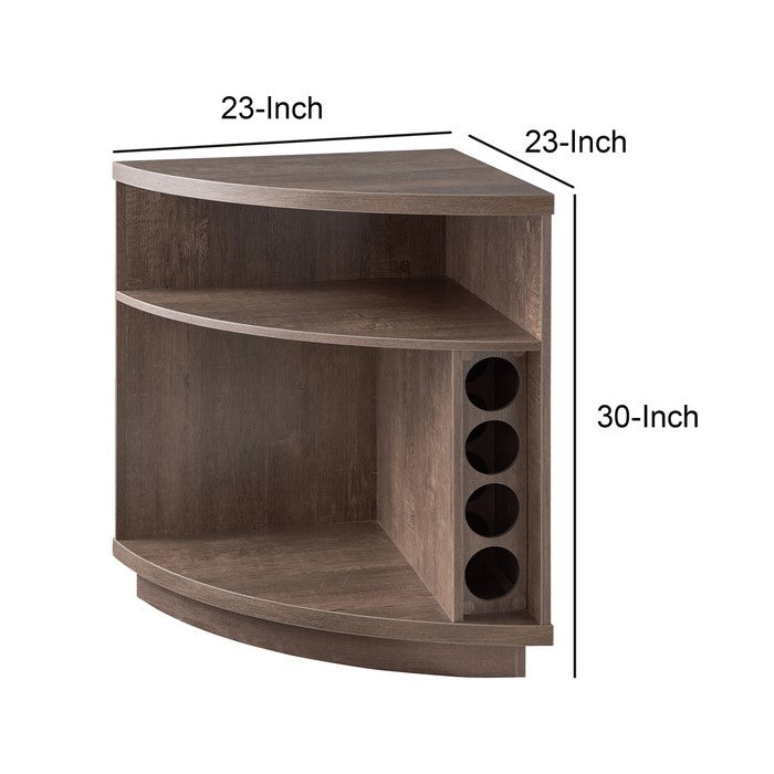 Reuleaux Corner Cabinet with 2 Open Shelves and 1 Wine Rack, Walnut Oak