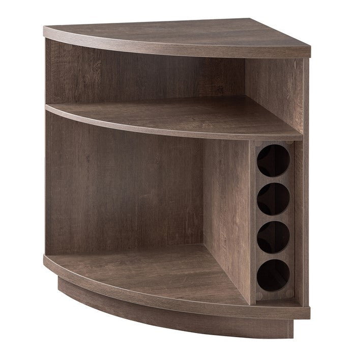 Reuleaux Corner Cabinet with 2 Open Shelves and 1 Wine Rack, Walnut Oak