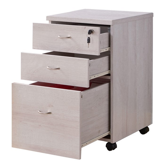Wooden File Cabinet with Casters and 3 Drawers, White Oak