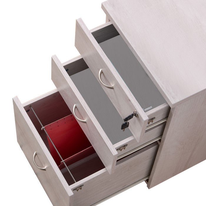 Wooden File Cabinet with Casters and 3 Drawers, White Oak