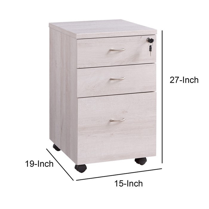Wooden File Cabinet with Casters and 3 Drawers, White Oak