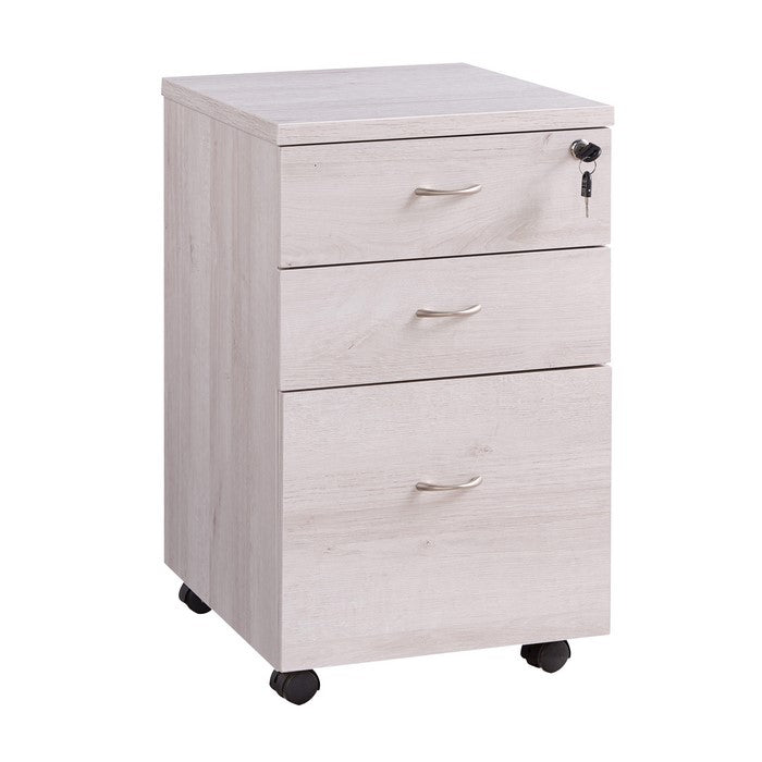 Wooden File Cabinet with Casters and 3 Drawers, White Oak