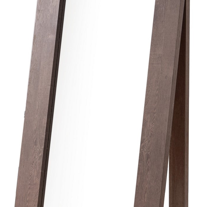 Rectangular Wooden Frame Freestanding Accent Mirror, Brown and Silver