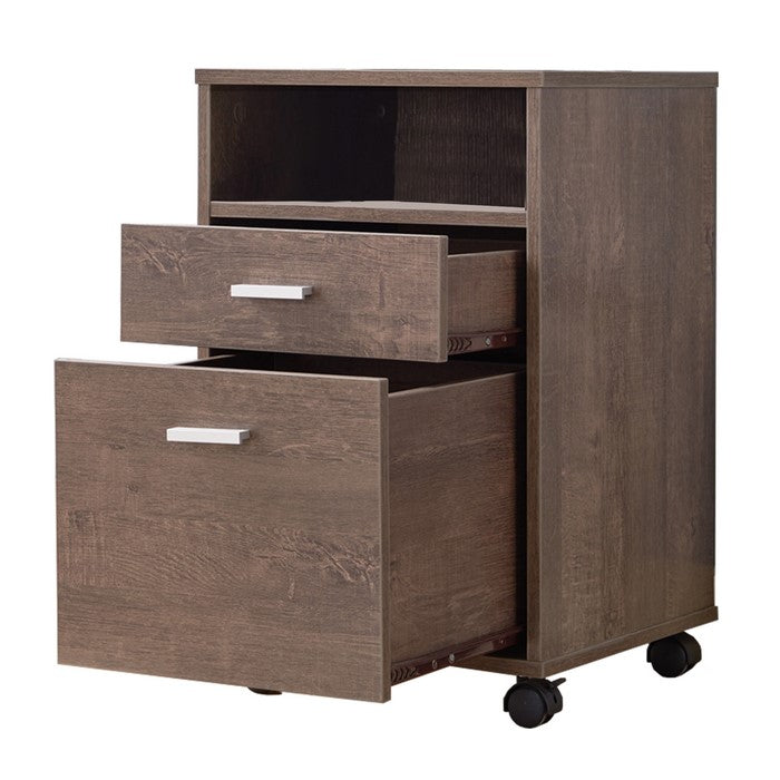 Caster Supported File Cabinet with 2 Drawers and 1 Open Shelf, Walnut Oak