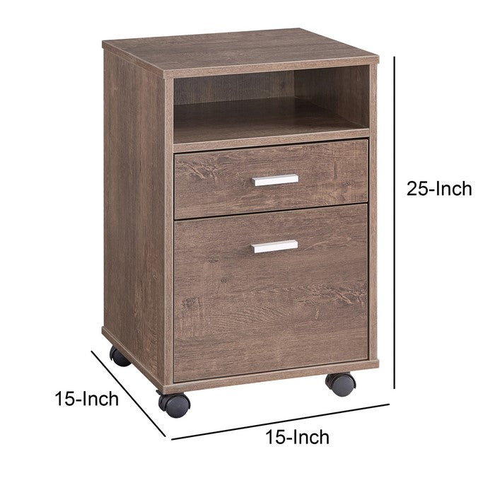 Caster Supported File Cabinet with 2 Drawers and 1 Open Shelf, Walnut Oak