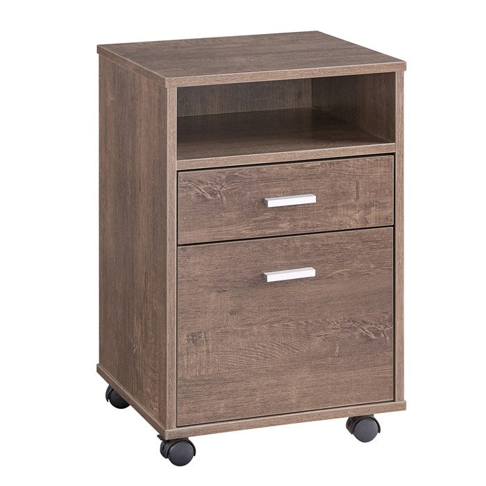 Caster Supported File Cabinet with 2 Drawers and 1 Open Shelf, Walnut Oak