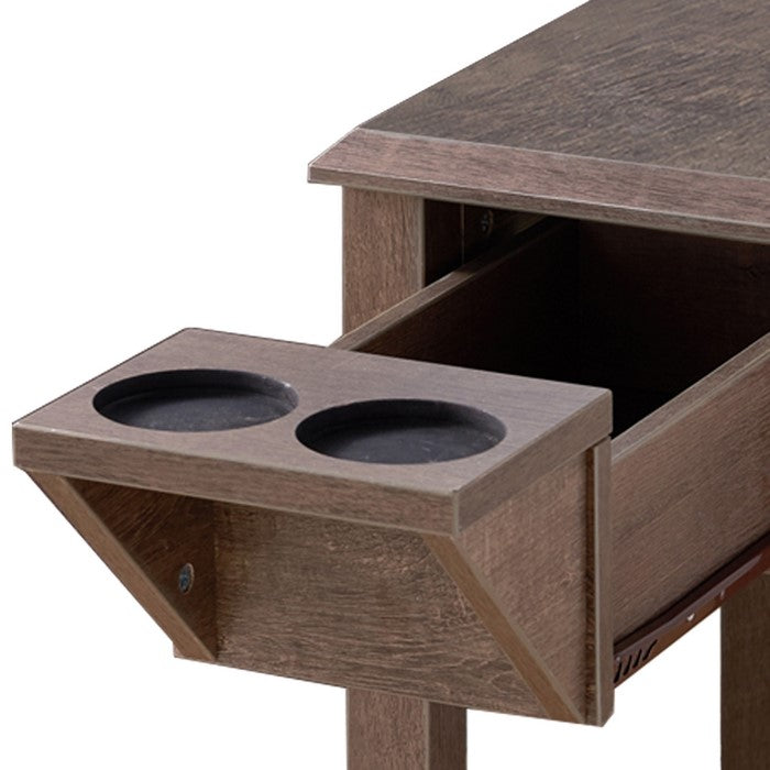 1 Drawer with 2 Glass Holders Wooden Side Table, Walnut Oak