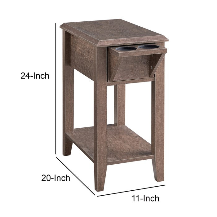 1 Drawer with 2 Glass Holders Wooden Side Table, Walnut Oak
