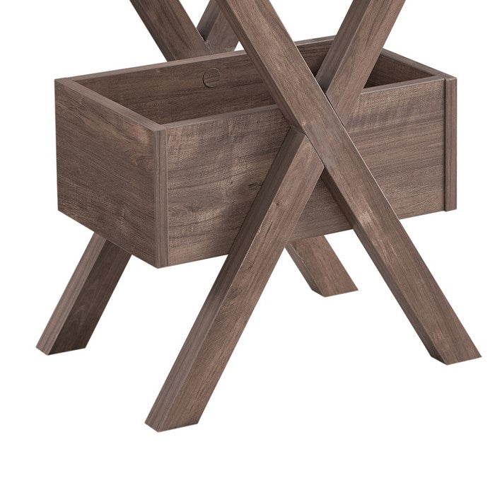 Wooden Chairside Table with a Bottom Shelf and X Frame Base, Hazelnut