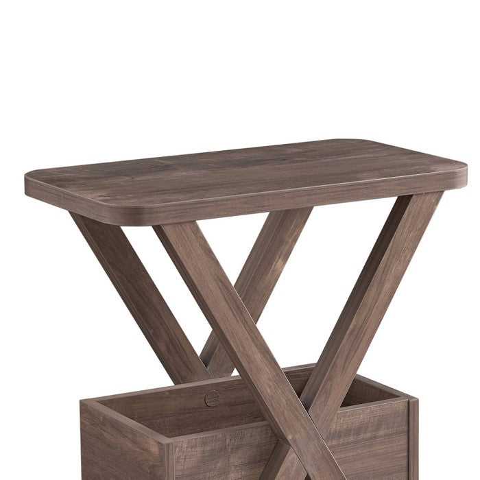 Wooden Chairside Table with a Bottom Shelf and X Frame Base, Hazelnut