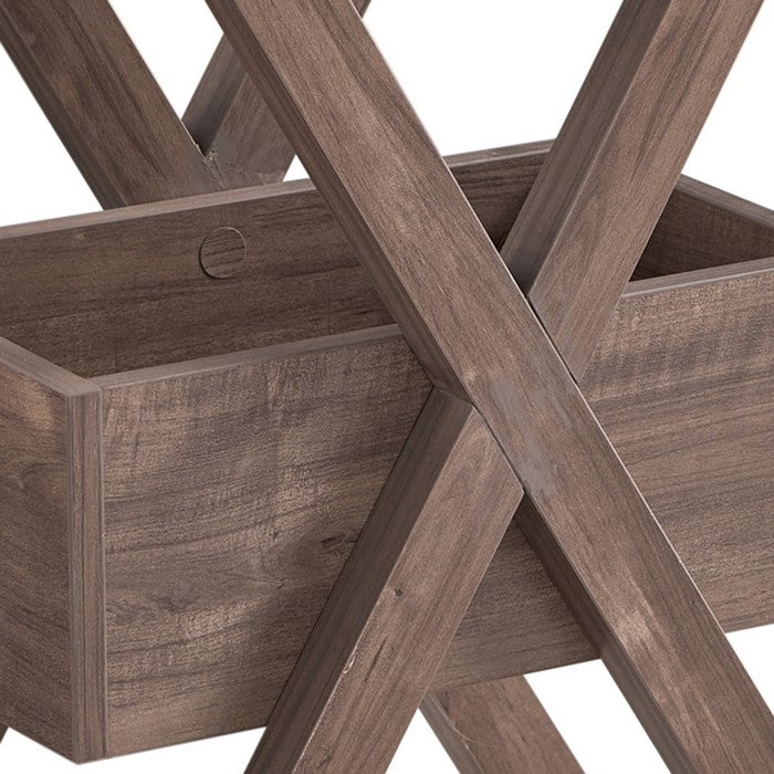 Wooden Chairside Table with a Bottom Shelf and X Frame Base, Hazelnut