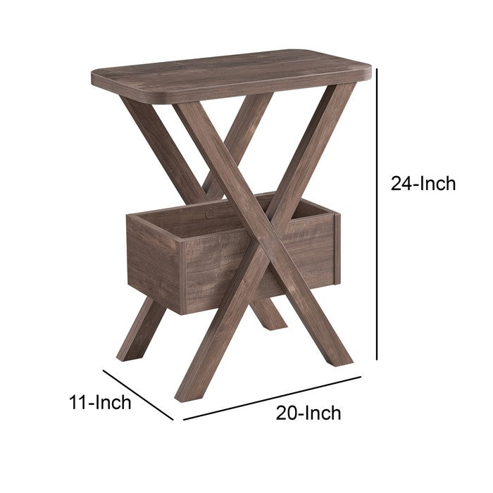 Wooden Chairside Table with a Bottom Shelf and X Frame Base, Hazelnut