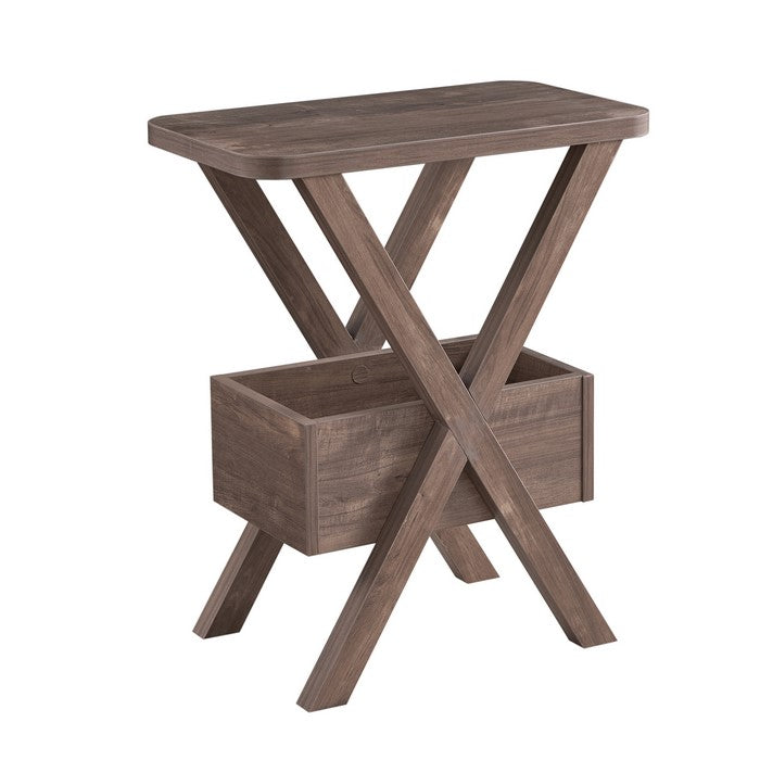 Wooden Chairside Table with a Bottom Shelf and X Frame Base, Hazelnut