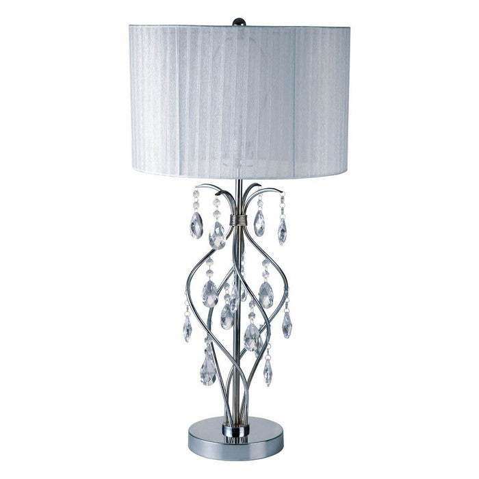 Table Lamp with Drum Shade and Interlocking Stem Design, Silver and White