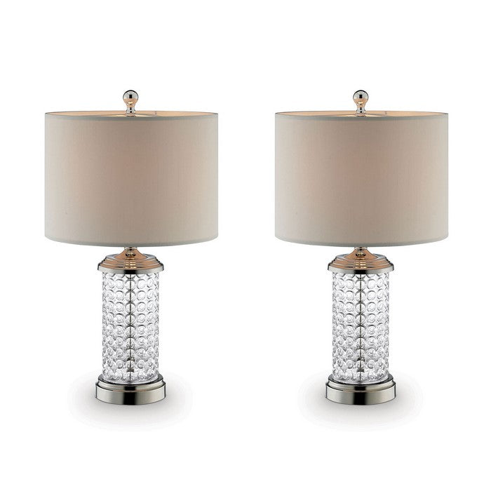 Drum Shade Table Lamp with Glass Pedestal Base, Clear and Silver, Set of 2