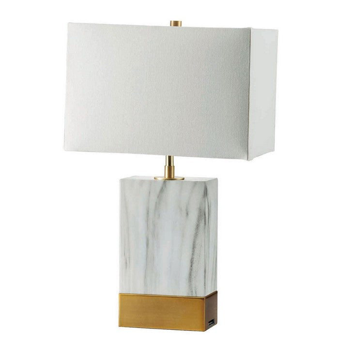 Table Lamp with Rectangular Shade and Pillar Marble Base, White and Gold