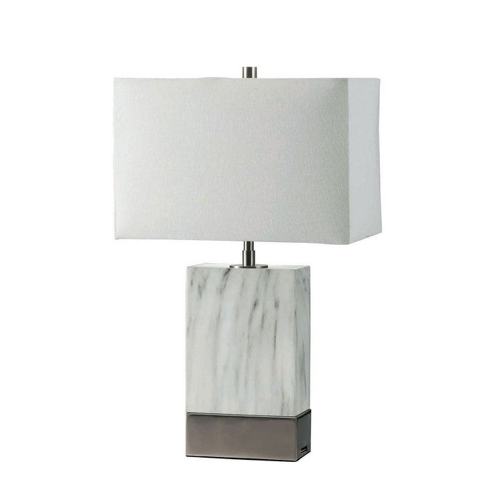 Table Lamp with Pillar Marble Base and USB Plug in , Silver and White