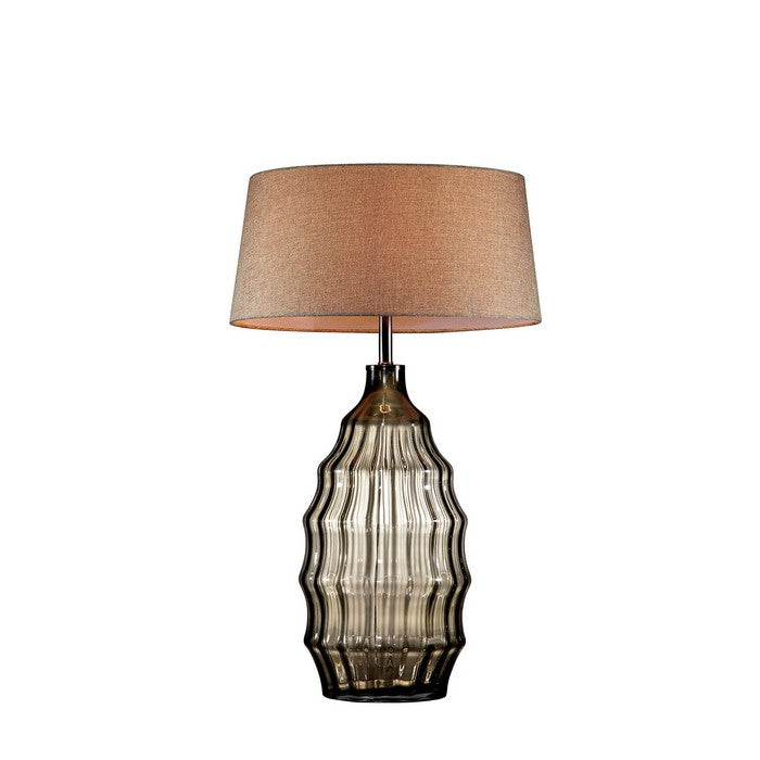 Bottle Like Base Table Lamp with Hand Blown Wavy Pattern, Brown and Silver