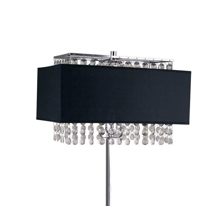 Table Lamp with Hanging Crystal and Rectangular Base, Black and Silver