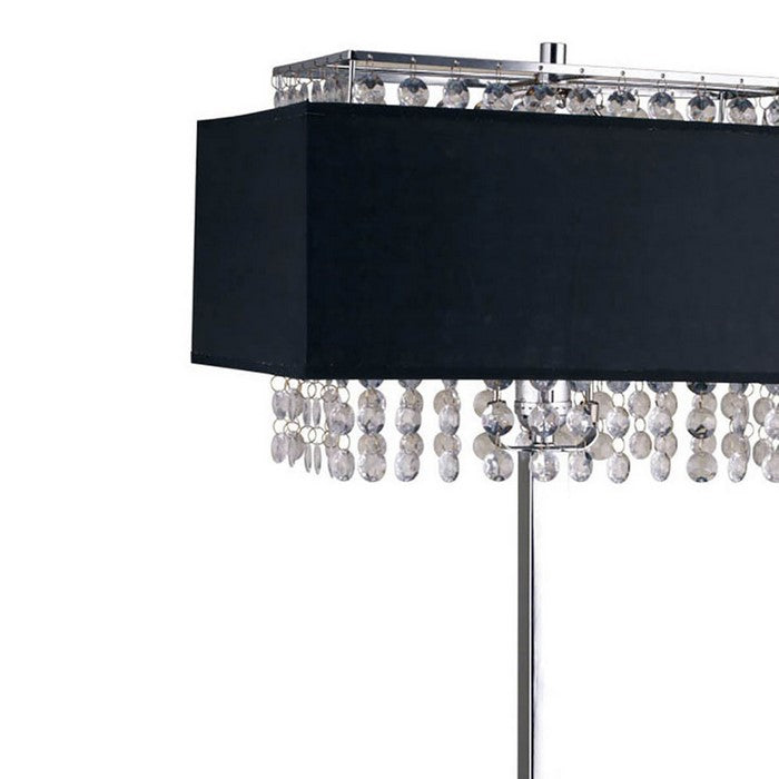 Table Lamp with Hanging Crystal and Rectangular Base, Black and Silver