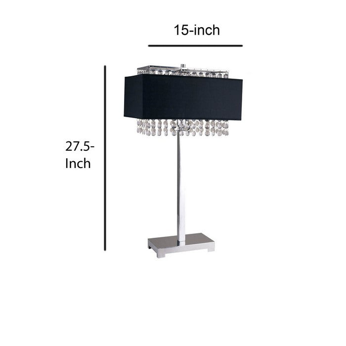 Table Lamp with Hanging Crystal and Rectangular Base, Black and Silver