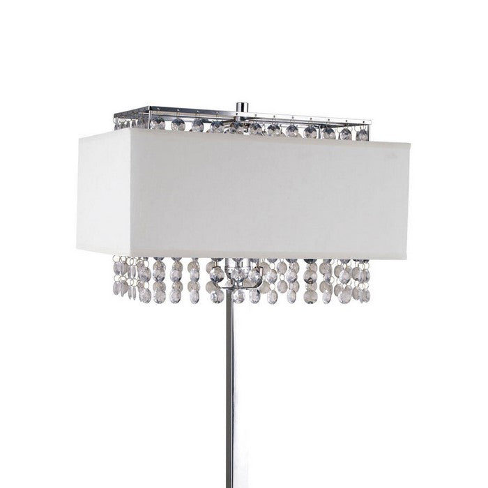 Table Lamp with Hanging Crystal and Rectangular Base, White and Silver