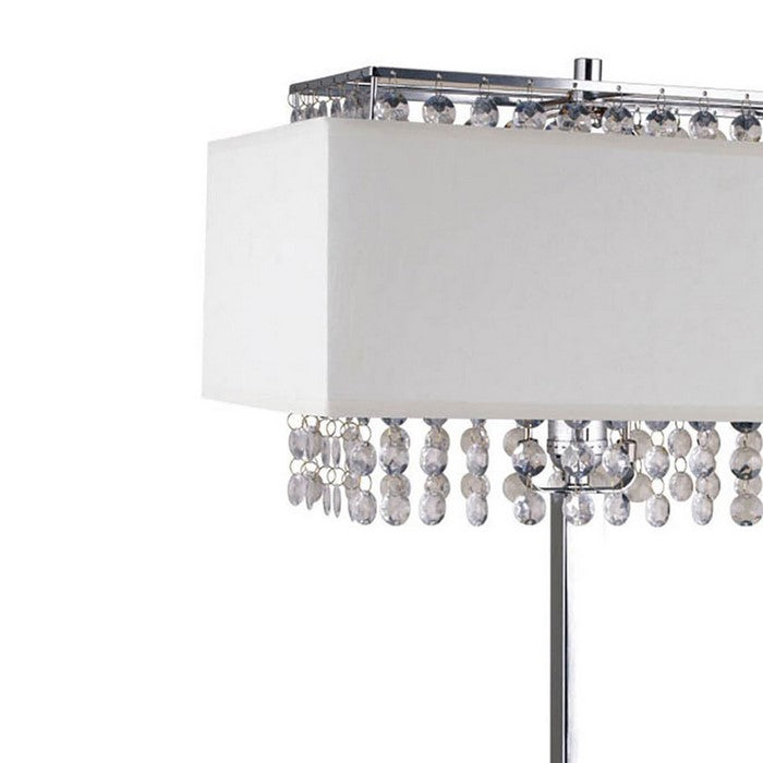 Table Lamp with Hanging Crystal and Rectangular Base, White and Silver