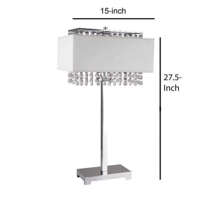 Table Lamp with Hanging Crystal and Rectangular Base, White and Silver