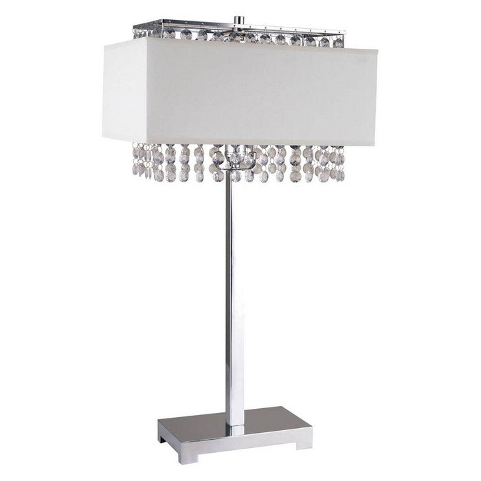 Table Lamp with Hanging Crystal and Rectangular Base, White and Silver