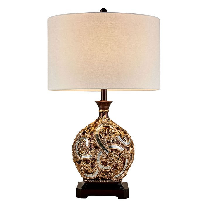 Table Lamp with Engraved Floral Motifs and Mosaic Details, Brown and Gold