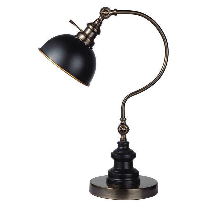 Industrial Style Table Lamp with Curved Stem and Round Base, Gold and Black