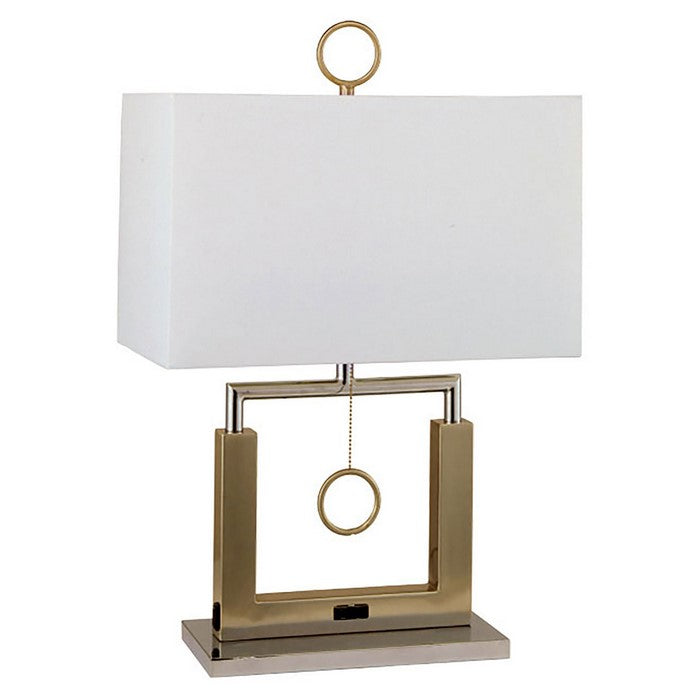 Table Lamp with Square Shaped Body and Pull chain Switch, Gold and Silver