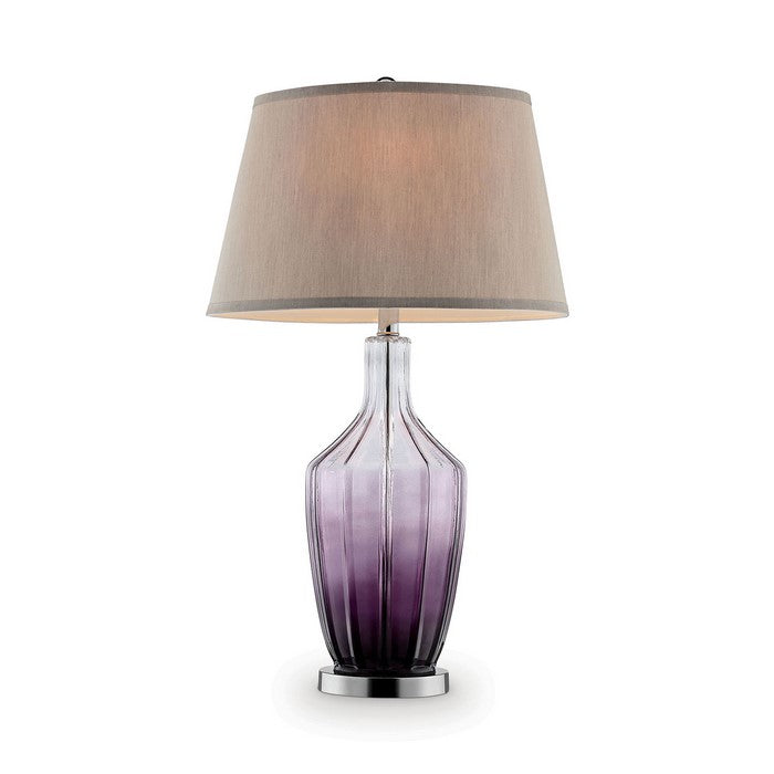 Table Lamp with Bottle Like Body and Round Base, Purple and Silver