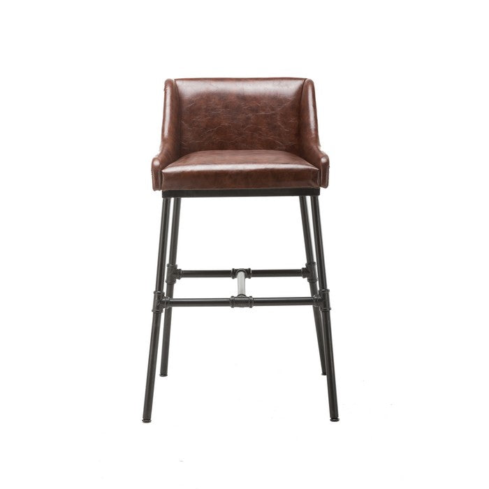 Leatherette Bar Stool with Riveted Metal Backing, Brown and Black