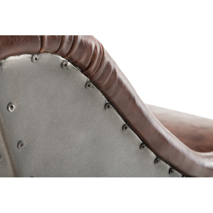 Leatherette Bar Stool with Riveted Metal Backing, Brown and Black