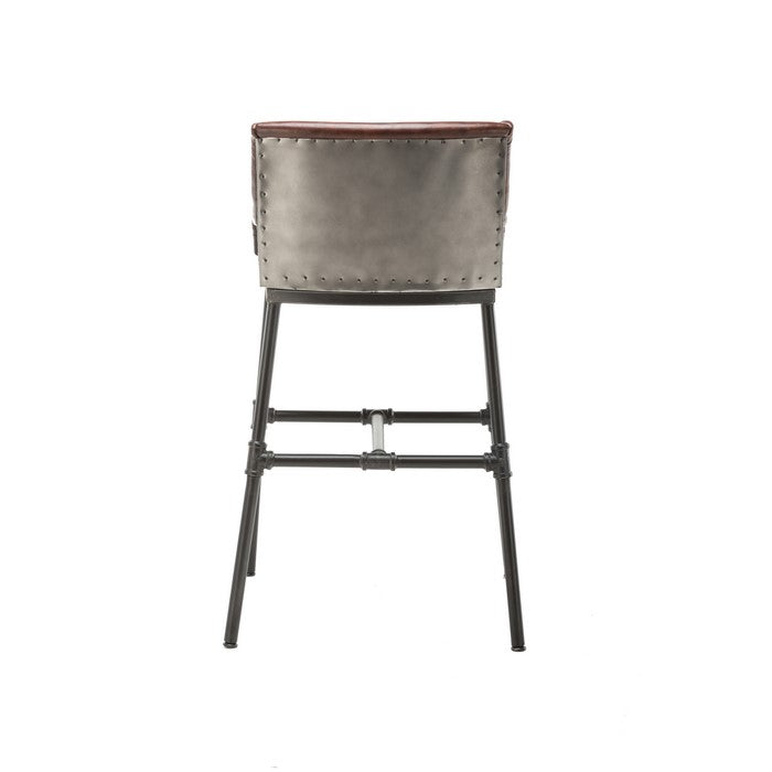 Leatherette Bar Stool with Riveted Metal Backing, Brown and Black