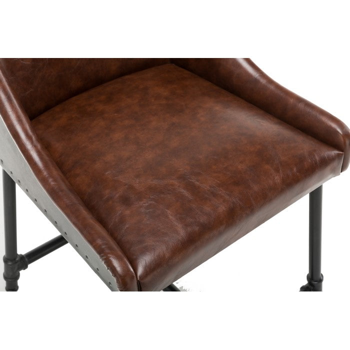 Leatherette Bar Stool with Riveted Metal Backing, Brown and Black