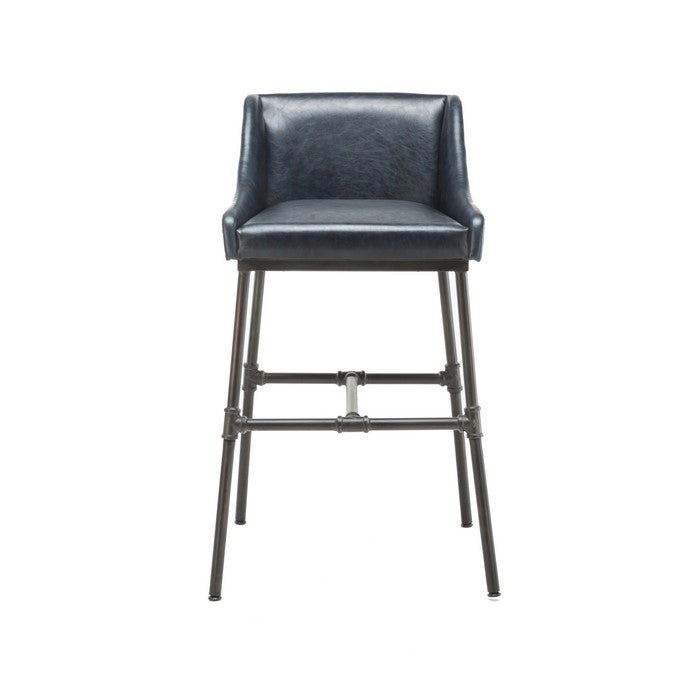 Leatherette Bar Stool with Riveted Metal Backing, Blue and Black